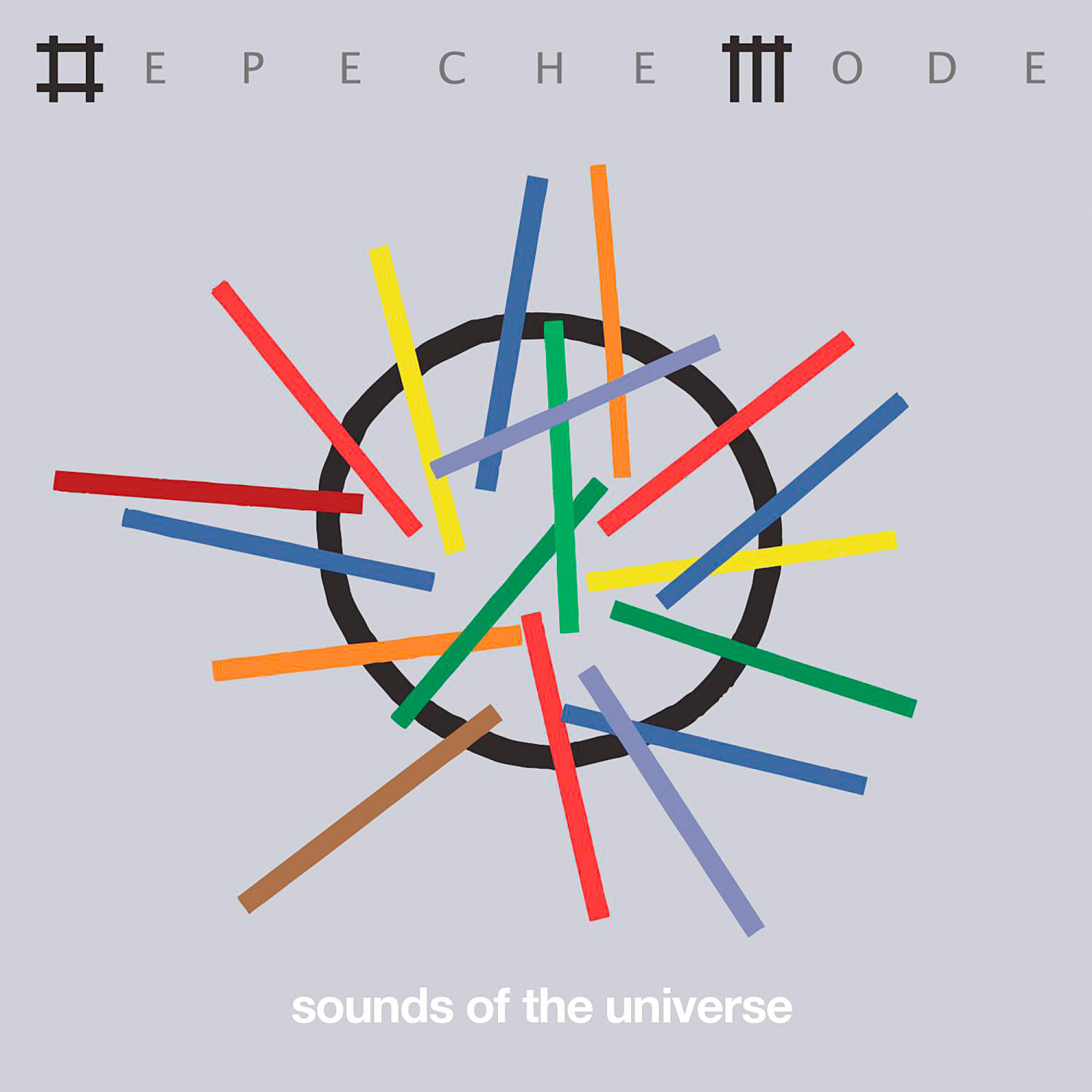 Depeche Mode Albumcover. Farbige Linien um einen schwarzen Kreis, grauer Hintergrund, Bandname oben.