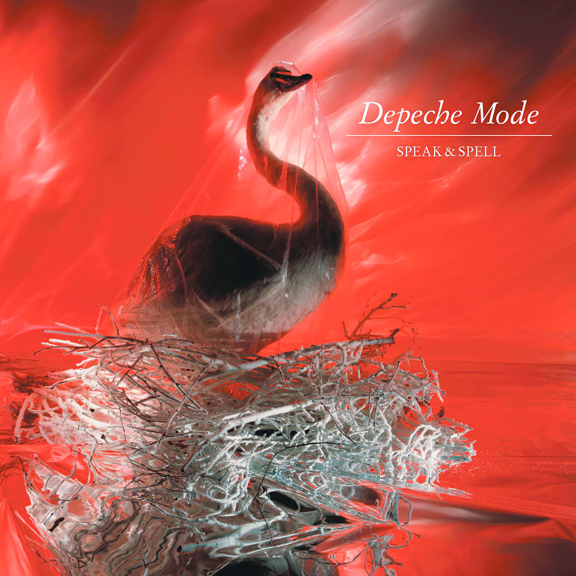 Depeche Mode Albumcover. Ein Schwan in einer Plastiktüte, auf einem Nest, vor rotem Hintergrund.