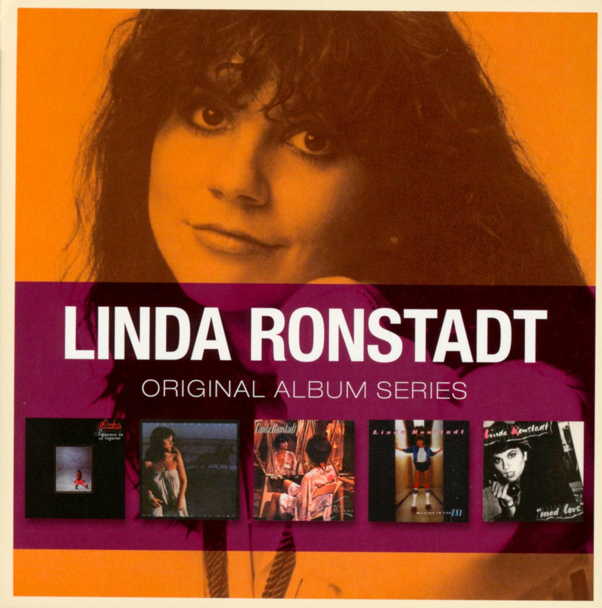 Linda Ronstadt Albumcover. Gesicht einer Frau, darunter Albumtitel. Mehrere Albumcover werden angezeigt.