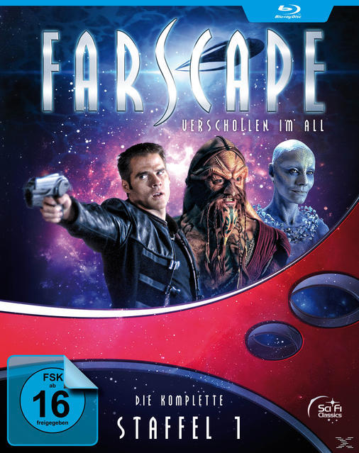Farscape Blu-ray Cover. Zeigt drei Charaktere, einer mit einer Waffe. Sci-Fi Classics Logo.