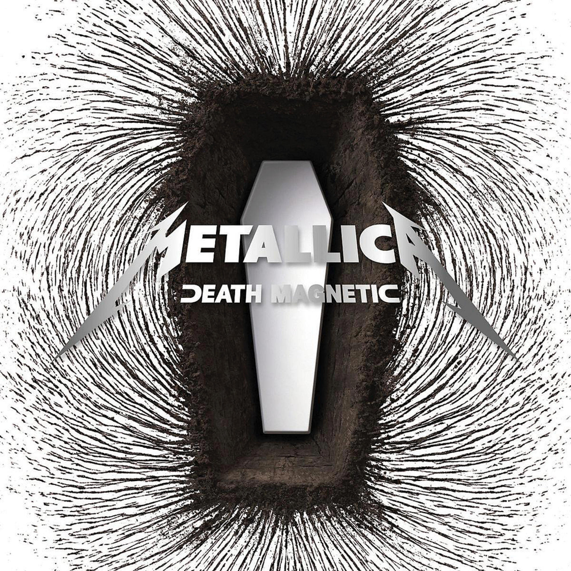 Metallica, Death Magnetic Albumcover. Ein Sarg, umgeben von Magnetfeldlinien.