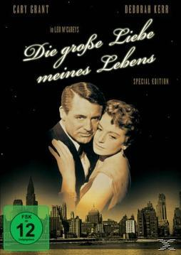 Filmplakat. Paar umarmt sich, Skyline. Titel: Die große Liebe meines Lebens. Auf Deutsch.