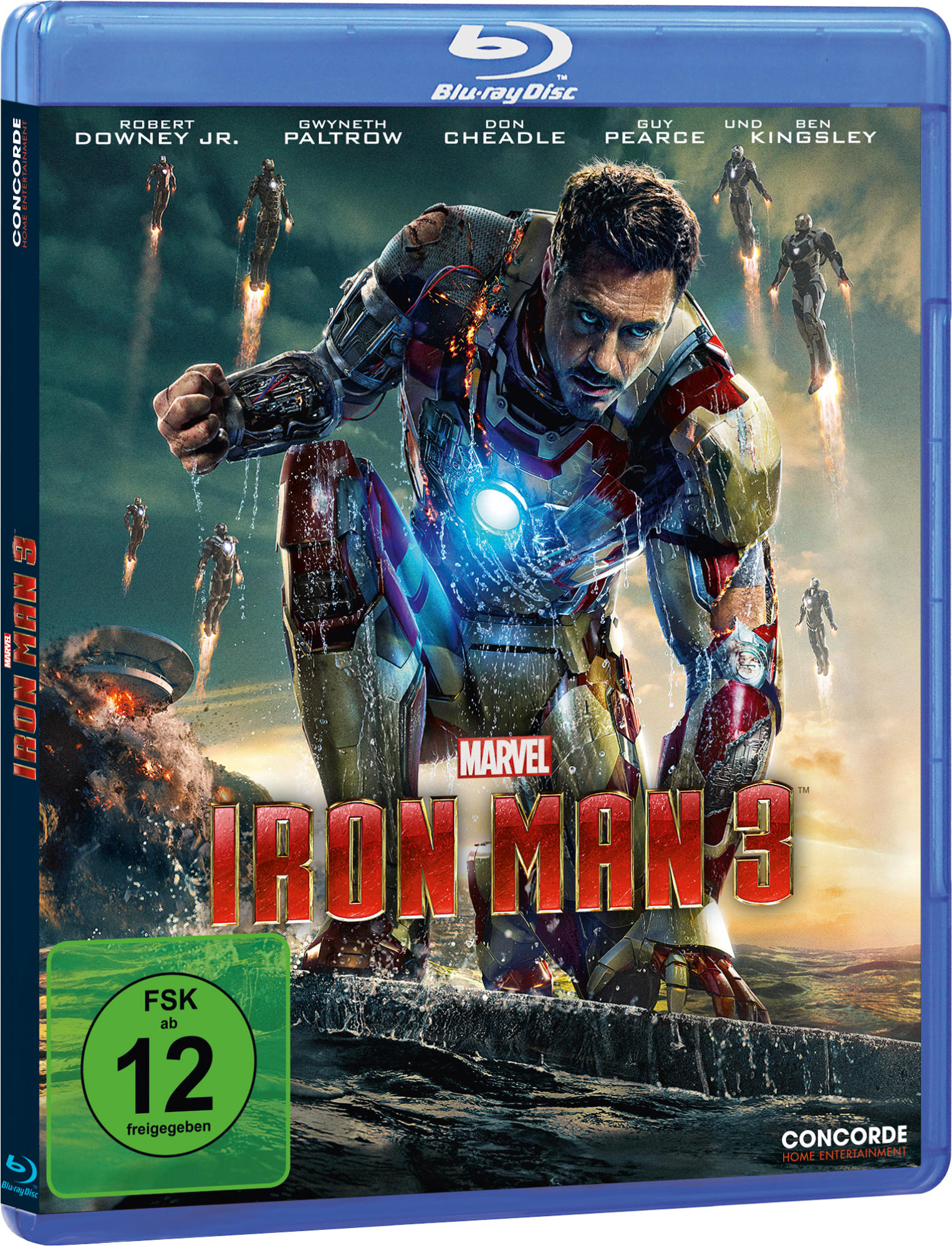 Mann im Iron Man-Anzug und Action-Szene, blauer Rahmen.