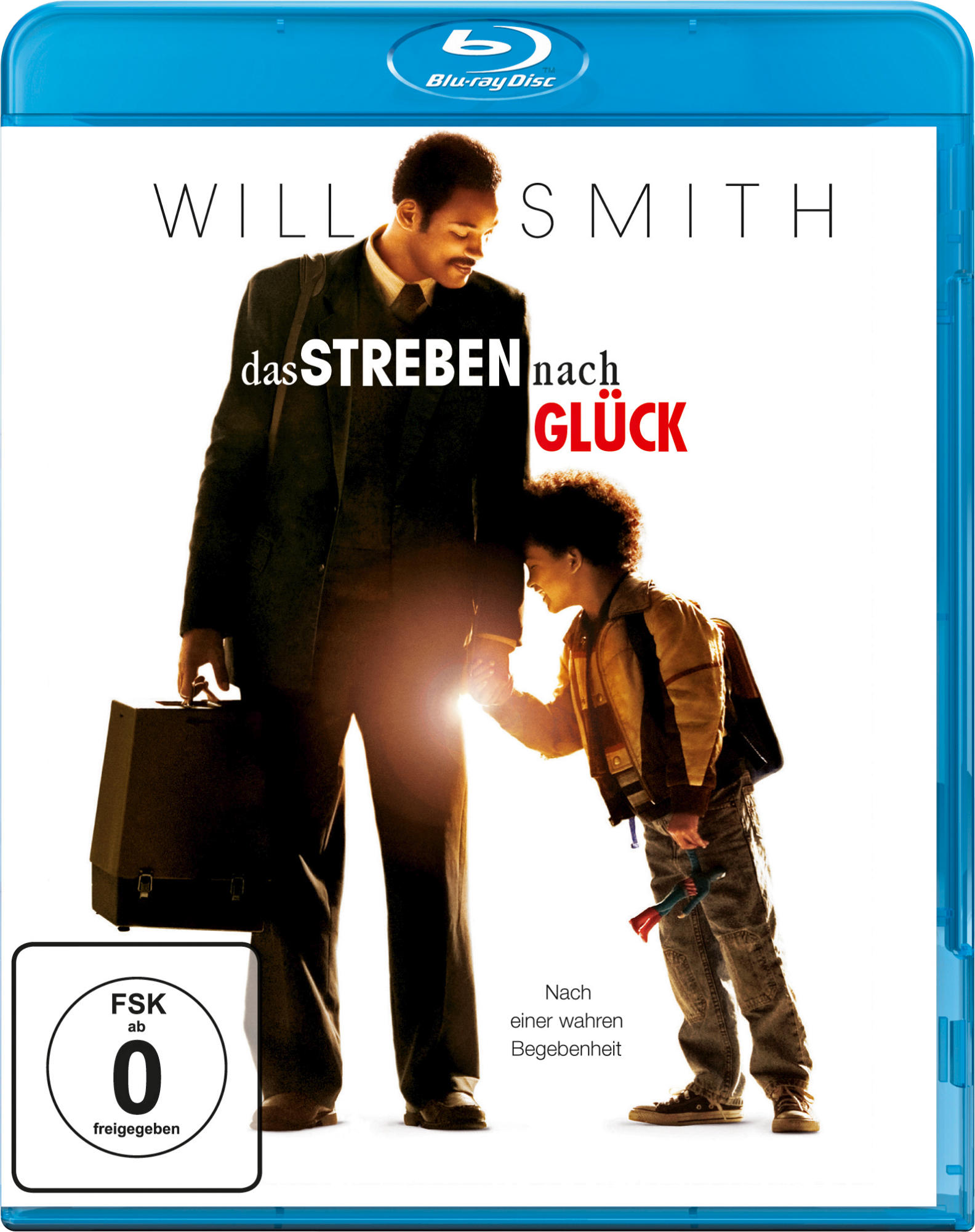 Blu-ray-Cover von "The Pursuit of Happyness" mit Will Smith und einem Kind. Der Titel ist weiß.