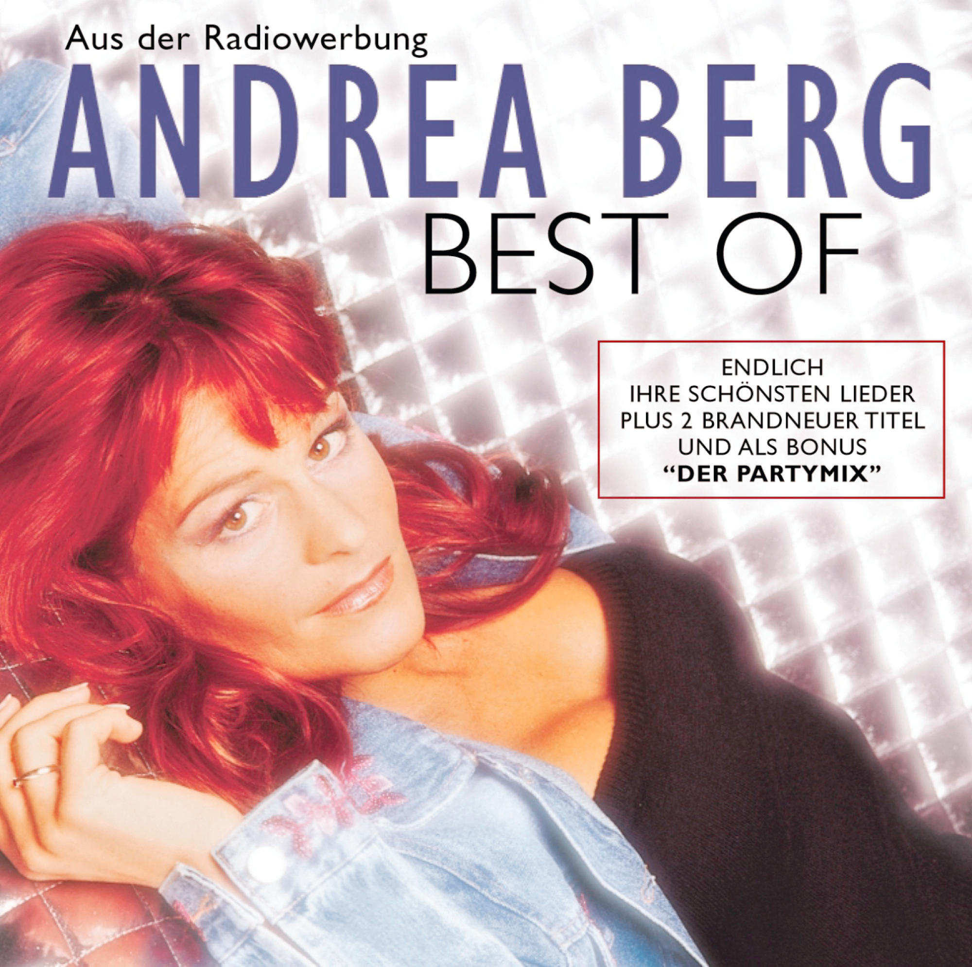 Albumcover, Andrea Berg, mit roten Haaren und Text: 'Best Of'. Hintergrund mit blau-weißem Muster.