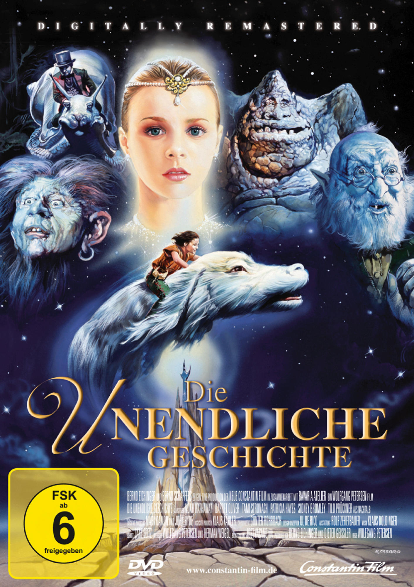 Filmposter für Die unendliche Geschichte. Es zeigt ein Mädchen, einen Jungen auf einem Drachen und Fantasiewesen.