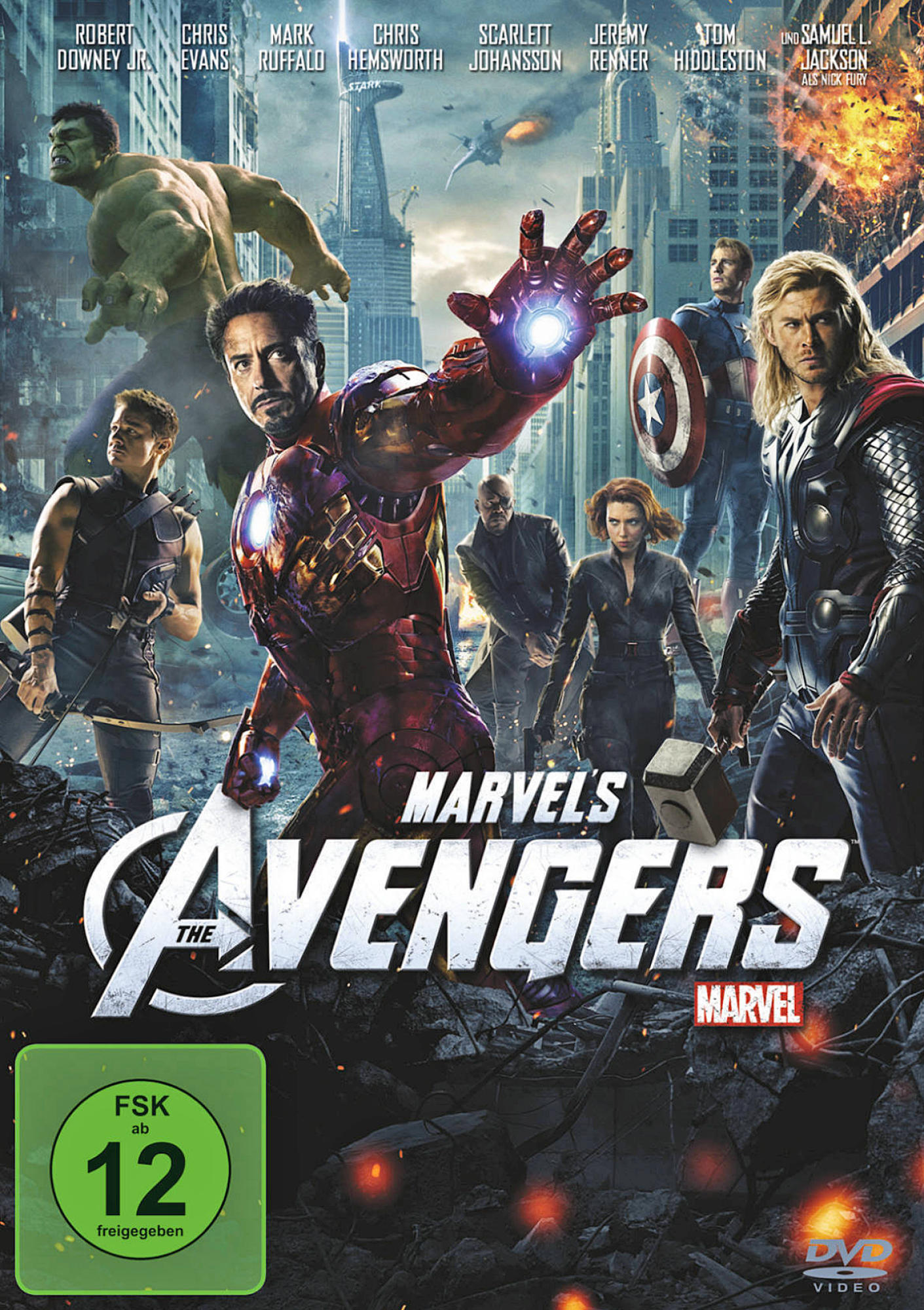 Avengers-Filmplakat mit mehreren Superhelden. Der Titel ist Marvel's The Avengers, die Besetzung steht oben.