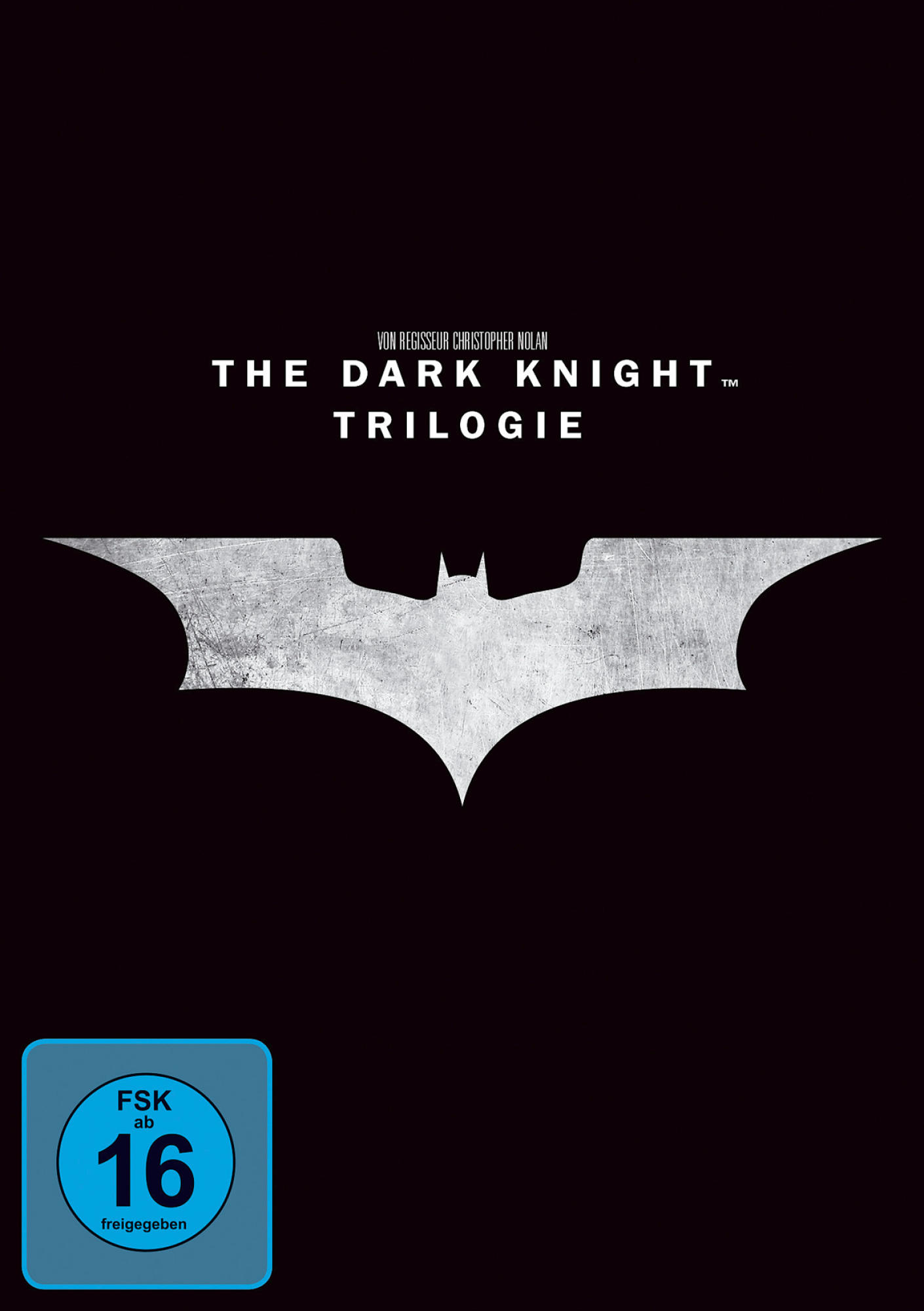 The Dark Knight Trilogy Poster mit strukturiertem silbernem Fledermaussymbol auf schwarzem Grund und FSK 16.