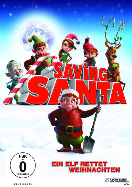 DVD-Cover von Saving Santa, mit Zeichentrickfiguren und schneebedecktem Hintergrund.