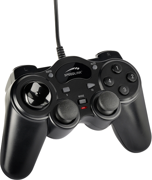 Schwarzes Speedlink-Gamepad mit Knöpfen, Sticks und Kabel. Inklusive Rapid-, Auto- und Modus-Tasten.