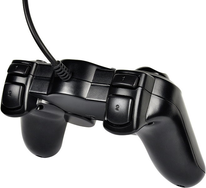 Schwarzer Gamecontroller, nach oben geneigt. Tasten 1, 2 sichtbar. Weißer Hintergrund.