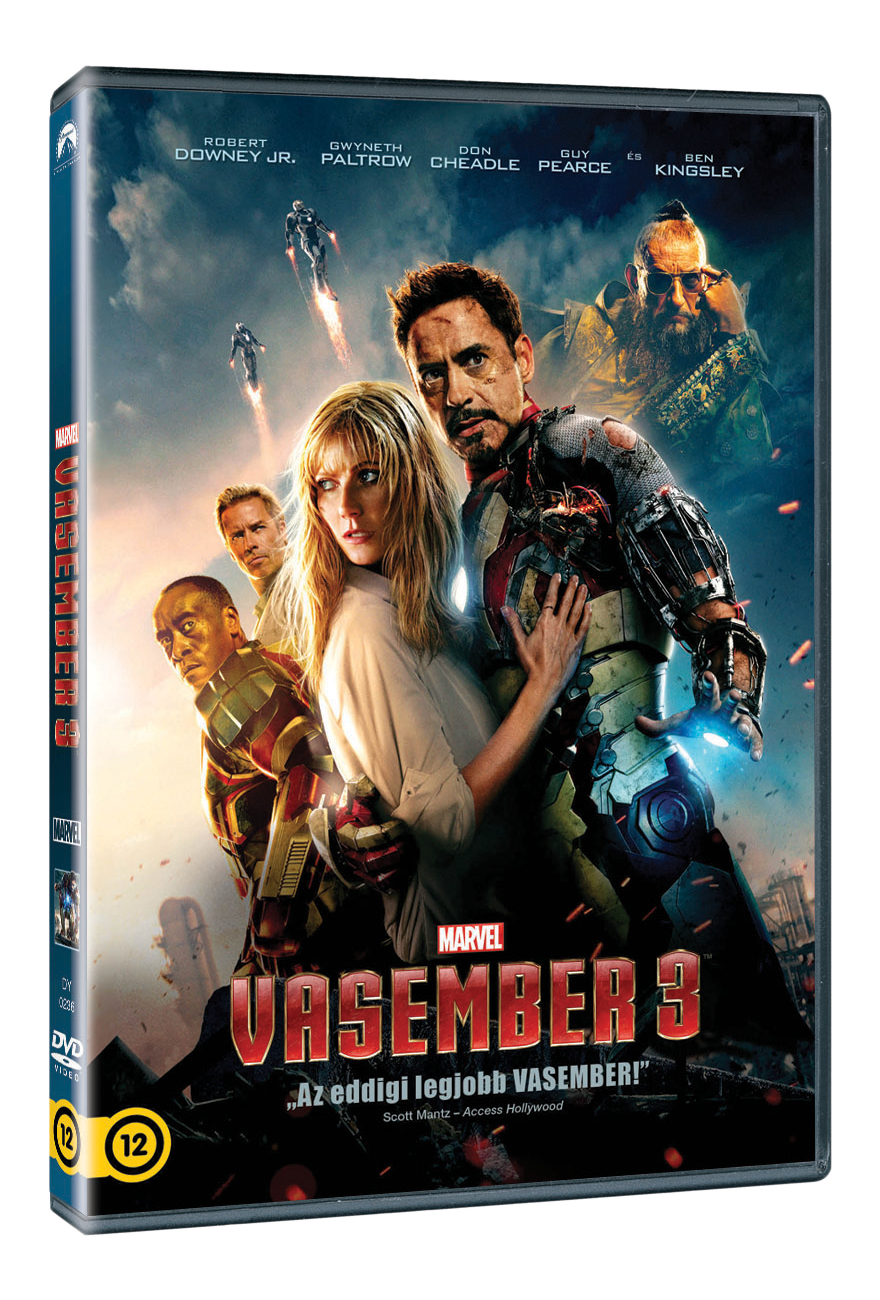 A DVD borítója Robert Downey Jr.-t és másokat mutat az Iron Man 3-ban, akciójelenet szöveggel és logóval.