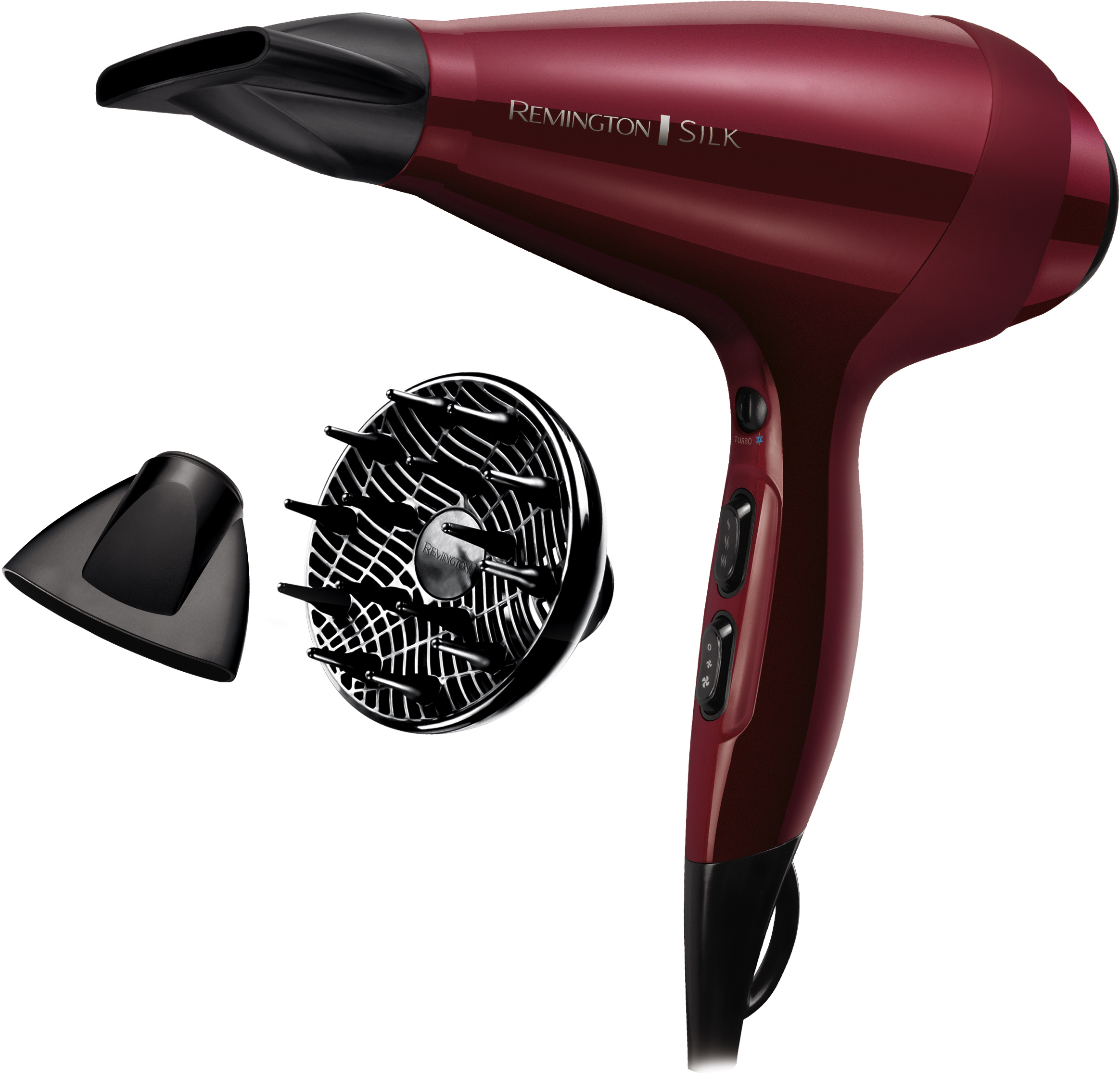 Roter Haartrockner mit zwei Aufsätzen, einer Düse und einem Diffusor.