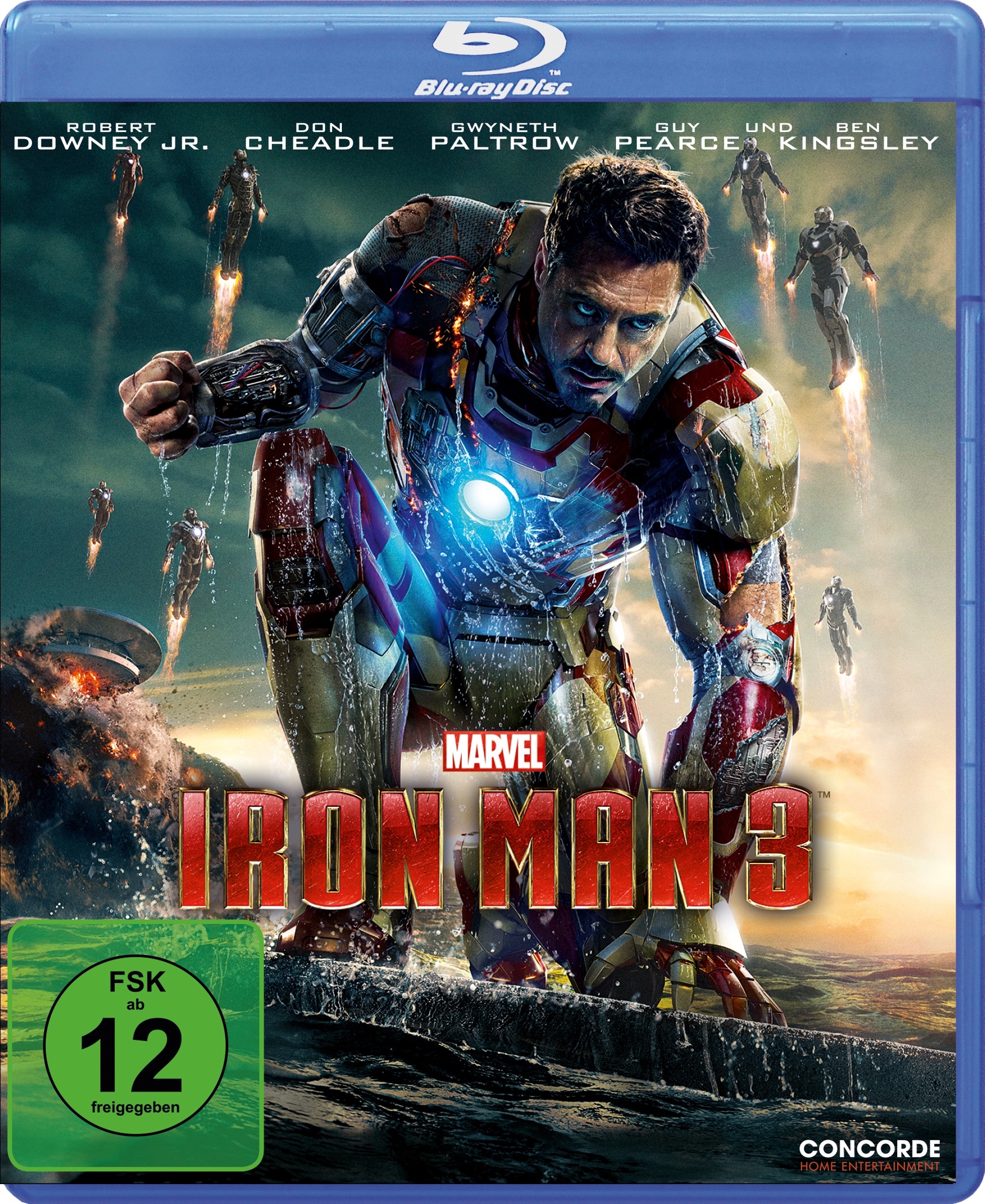 Iron Man 3 Blu-ray-Filmcover. Robert Downey Jr. im Iron Man-Anzug. Blaue Hülle und Filmtitel.