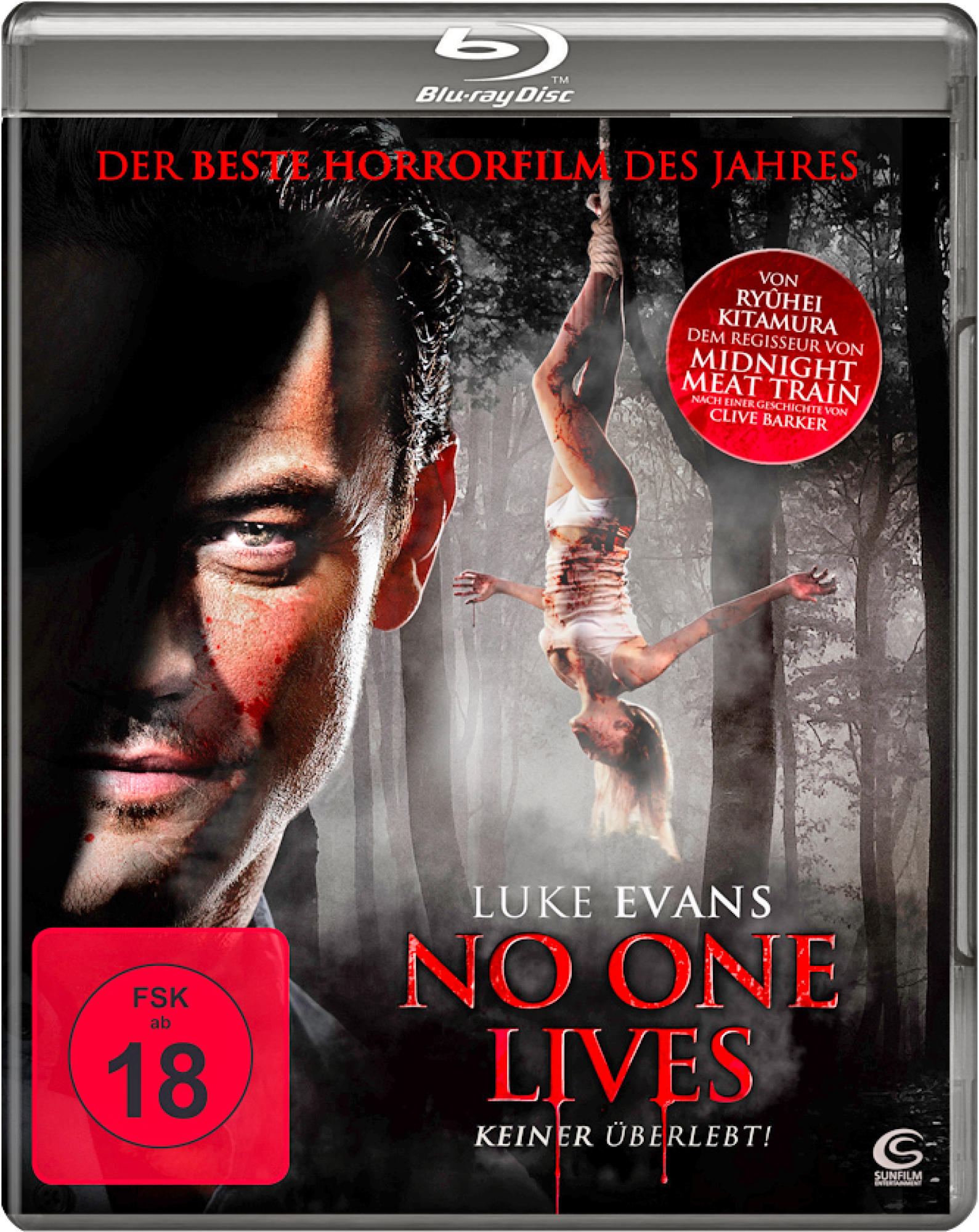 Horrorfilm-DVD-Cover. Gesicht eines Mannes mit Blut, Frau hängt kopfüber.