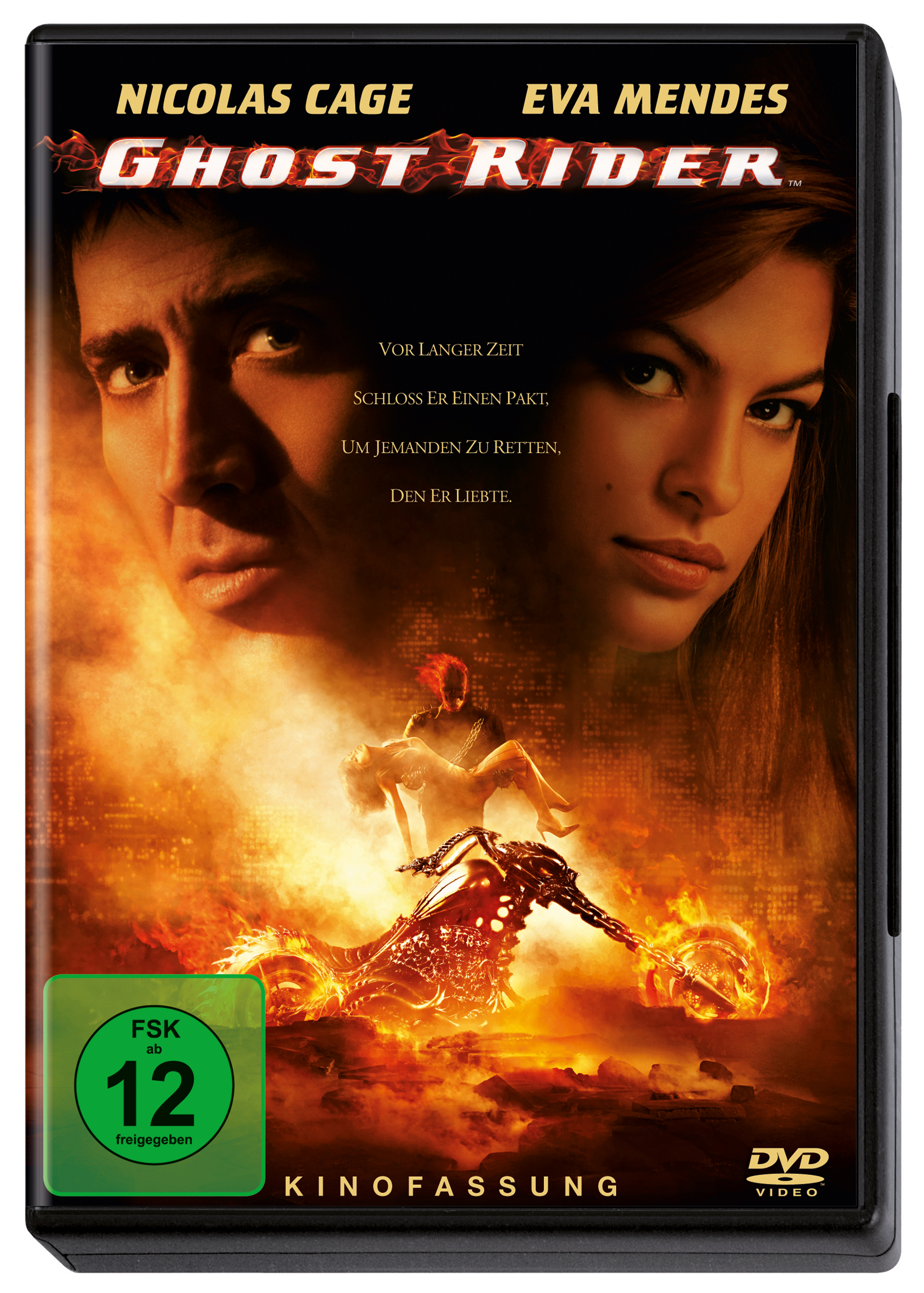 DVD-Cover des Films Ghost Rider. Nicolas Cage und Eva Mendes sind zu sehen, mit einem feurigen Motorrad und Logo.