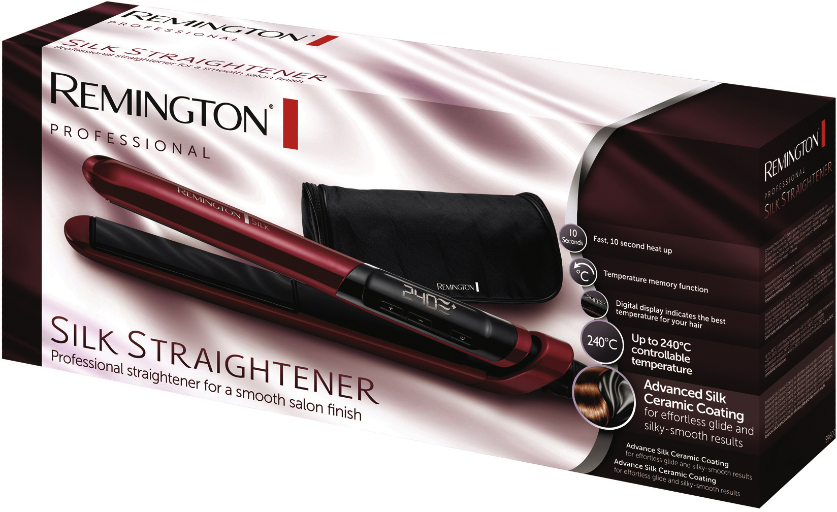 Ein rotes und schwarzes Remington Seiden-Glätteisen mit Zubehör.