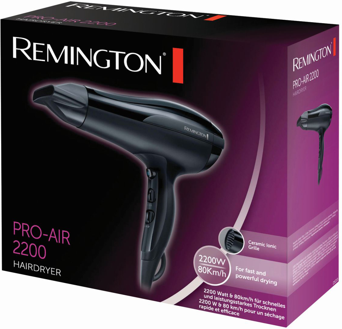 Schwarzer Remington Haartrockner in einer Box. Eigenschaften: 2200W und 80km/h.