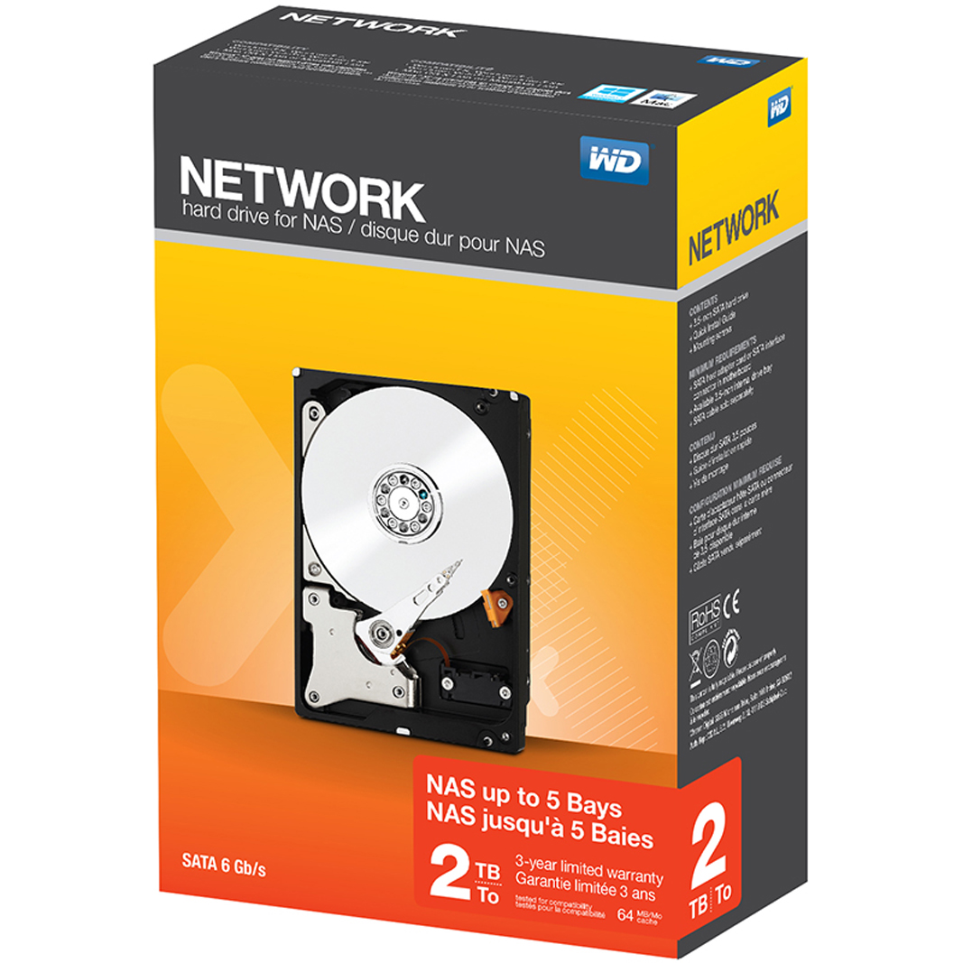Scatola del disco rigido con disco rigido visibile. Testo: NETWORK disco rigido per NAS. 2 TB.