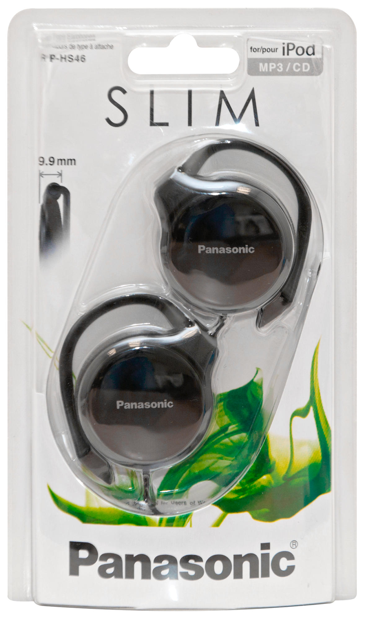 Zapakowane czarne słuchawki Panasonic są wyświetlane, oznaczone jako 'SLIM' i 'for iPod'.