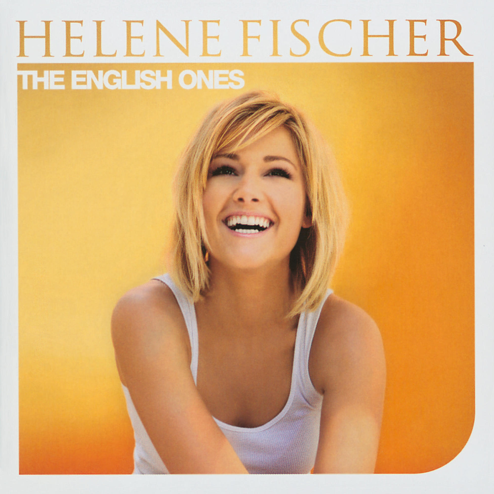 Blonde Frau in weißem Tanktop lächelt breit vor orangem Hintergrund. Albumcover.