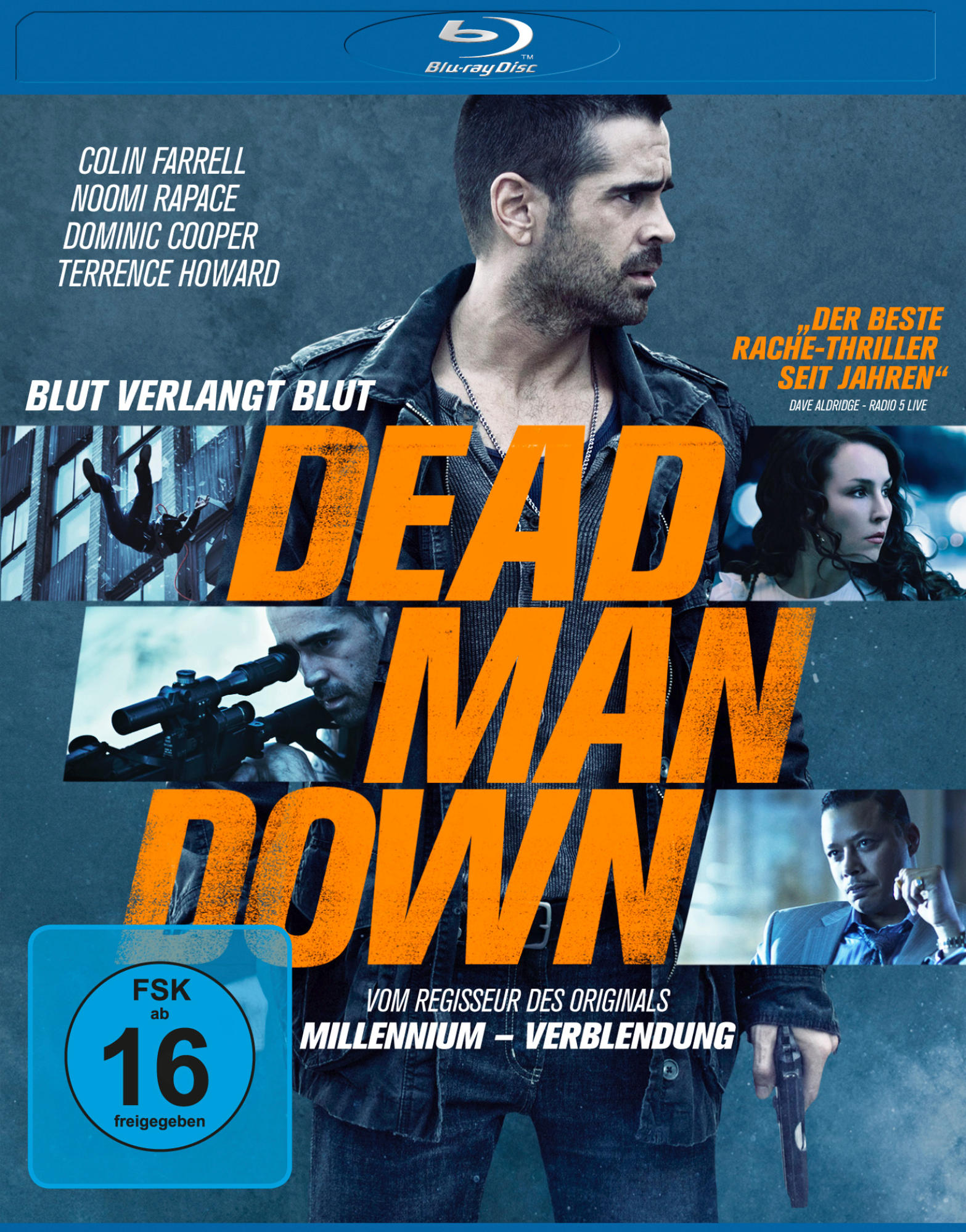 DVD-Cover für "Dead Man Down" mit Schauspielern und einer dramatischen Szene, dunkler blauer Hintergrund.