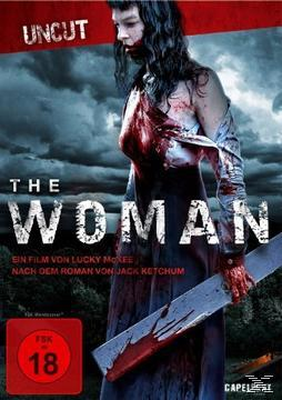DVD-Cover: Frau in blutigem Kleid, Messer haltend, dunkel, Uncut.