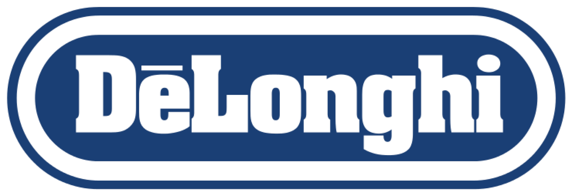 Logo DeLonghi, niebieski tekst w owalnym kształcie.