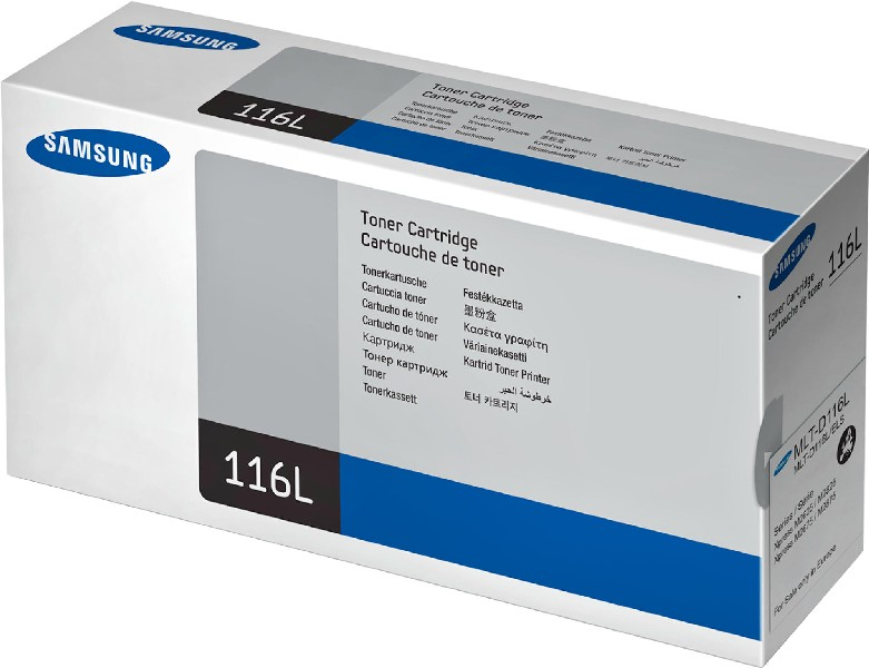 Samsung Tonerkartuschenbox, mit Text in mehreren Sprachen.