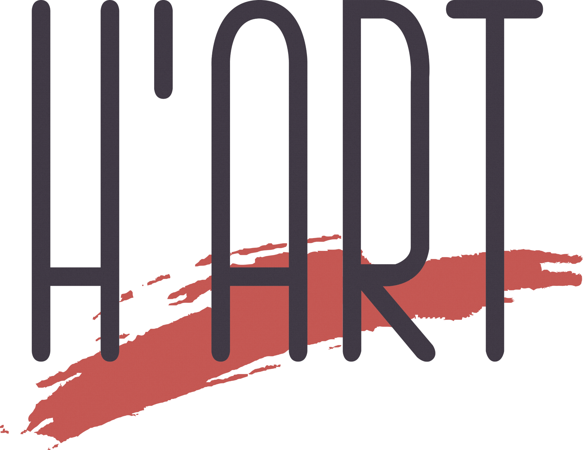H'ART Logo, mit einem roten Pinselstrich unter dem Wort, geschrieben in Schwarz.