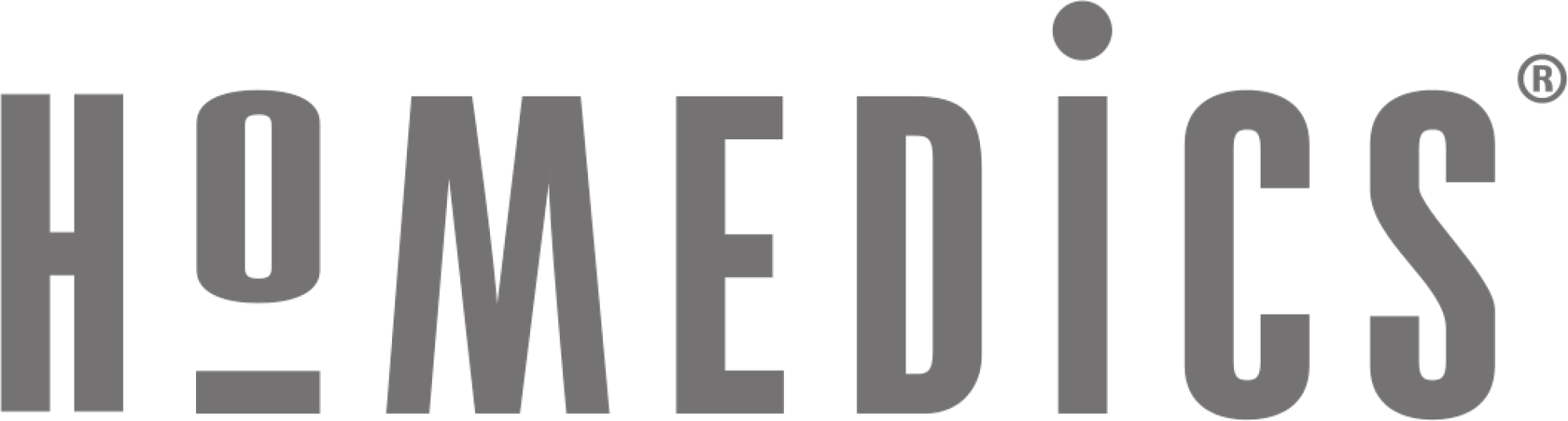 Szare słowo HOMEDICS na czarnym tle.
