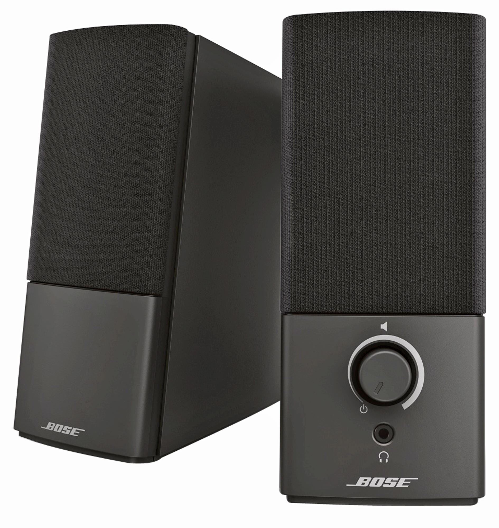 Zwei schwarze Bose-Lautsprecher. Einer hat einen Lautstärkeregler und einen Kopfhöreranschluss.