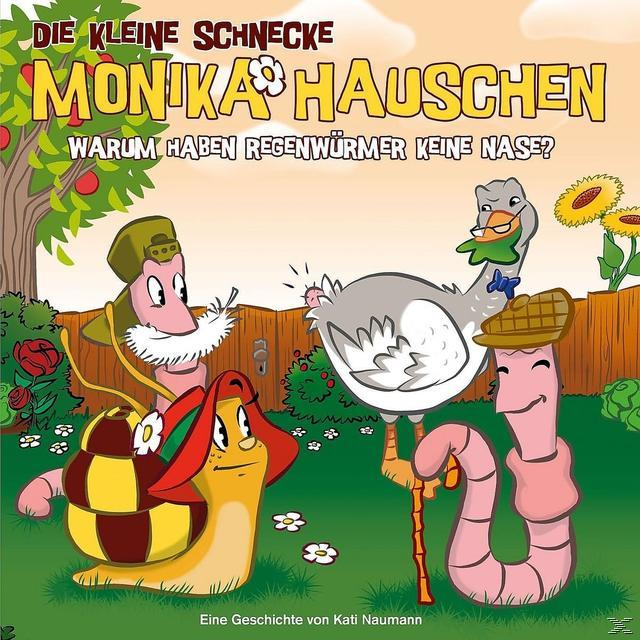 Buchcover mit Zeichentrickfiguren einer Schnecke, eines Wurms, einer Gans und Blumen. Text: Die Kleine Schnecke Monika Hauschen.