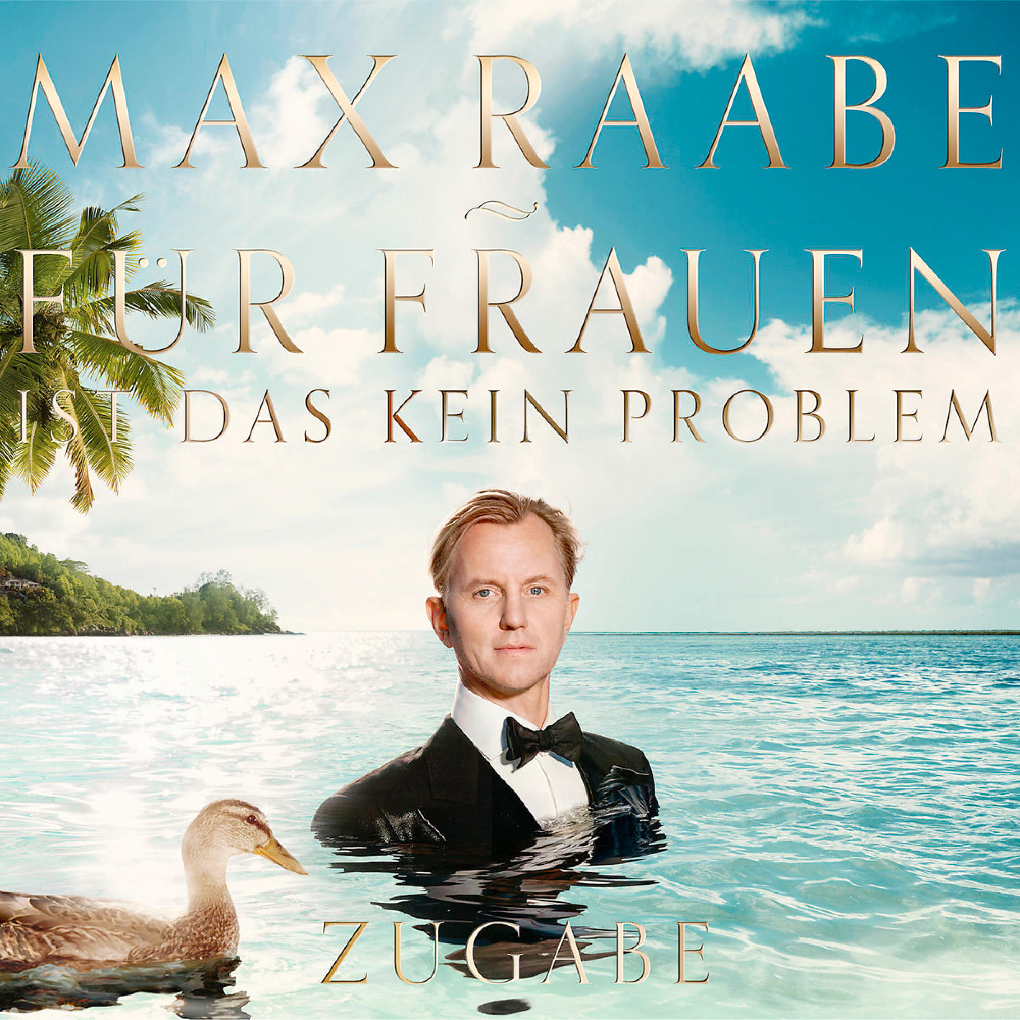 Albumcover. Ein Mann im Anzug im Wasser mit einer Ente. Text: 'Für Frauen ist das kein Problem'.