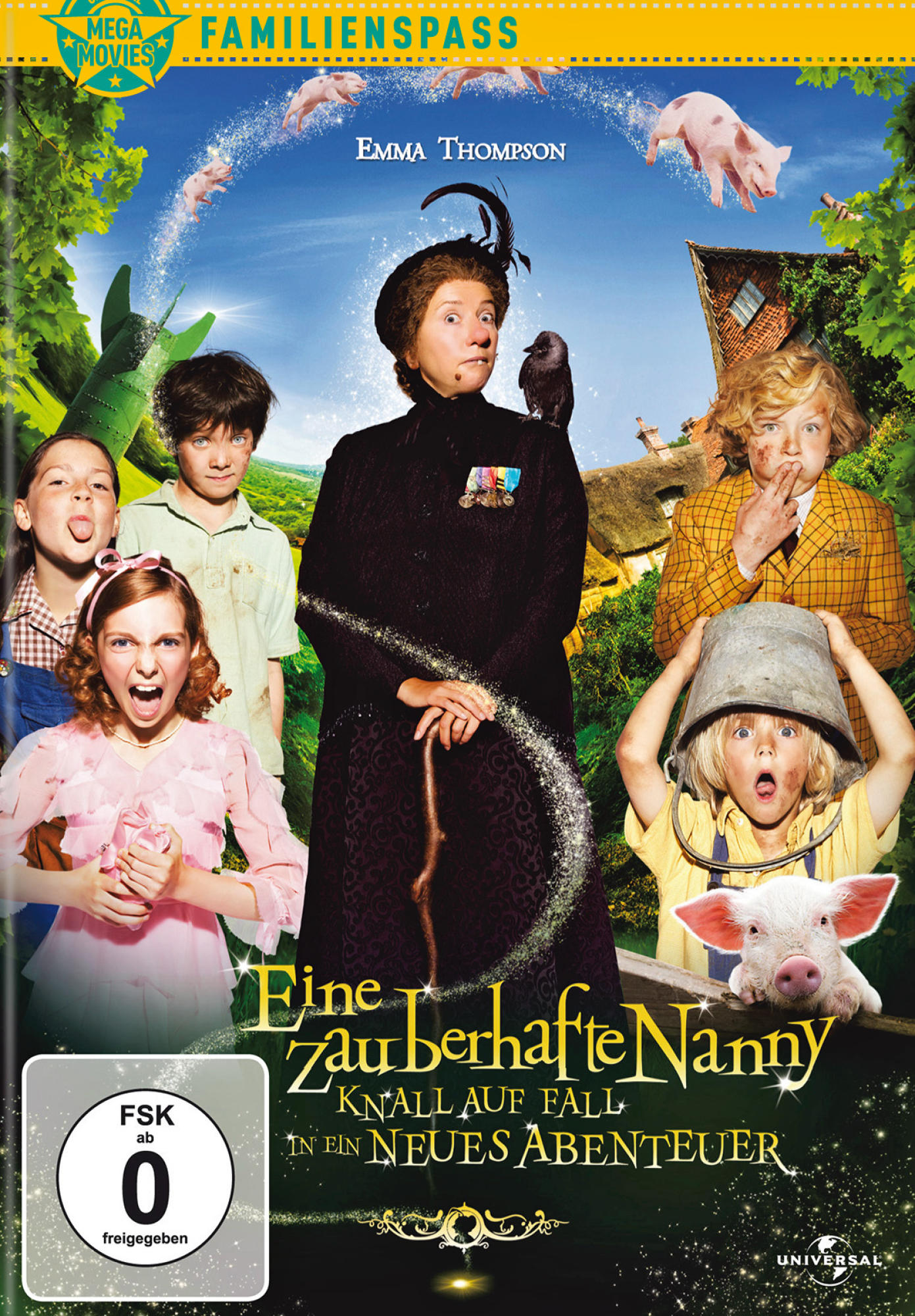 Filmplakat mit Schauspielern, Kindern und Schweinen. Animierte Szene.