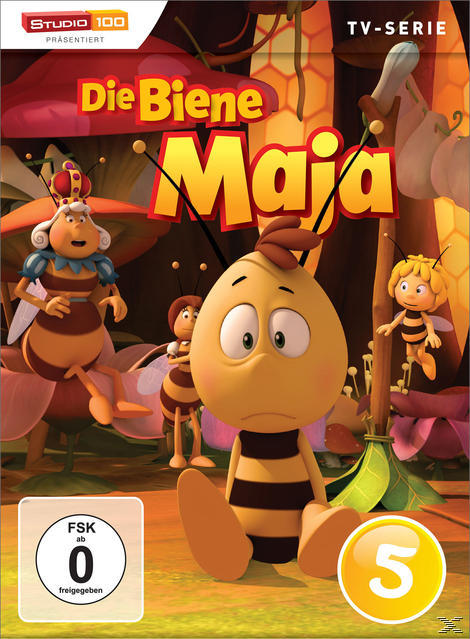 DVD-Cover von 'Die Biene Maja', mit Biene Maja und anderen Cartoon-Bienen.
