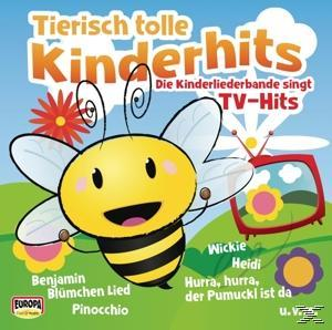 Cartoon-Biene mit Text 'Tierisch tolle Kinderhits'. TV im Hintergrund.