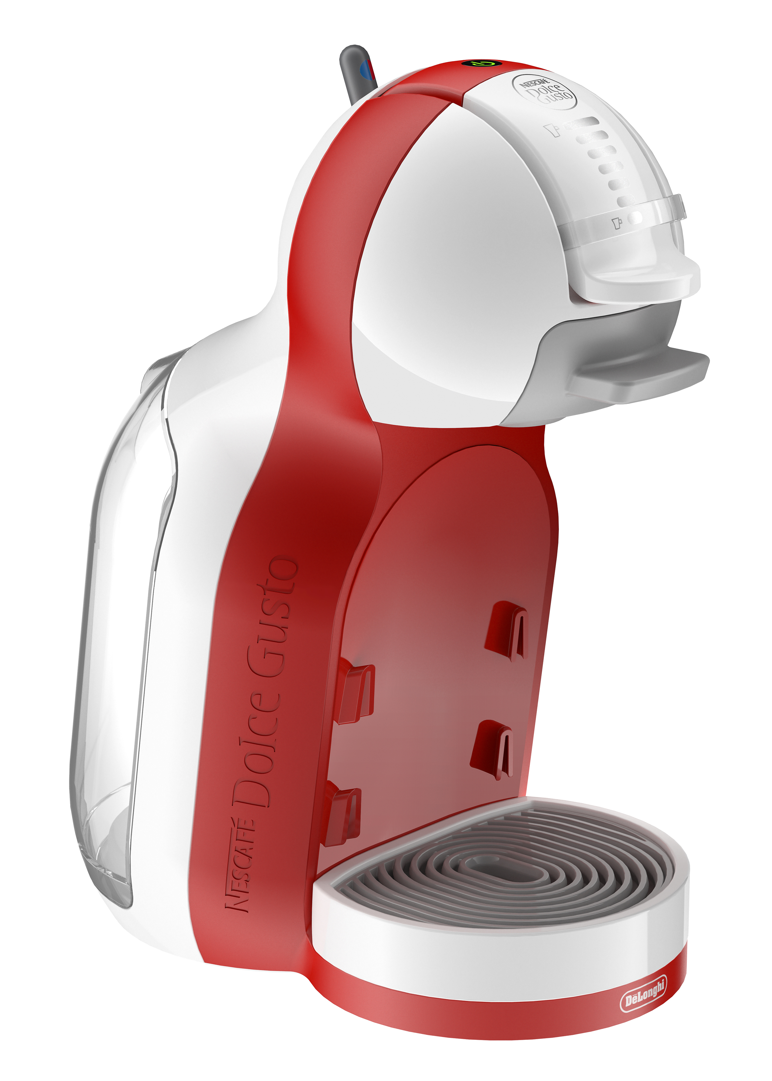 Rote und weiße Dolce Gusto Kaffeemaschine. Vertikale Aufnahme.