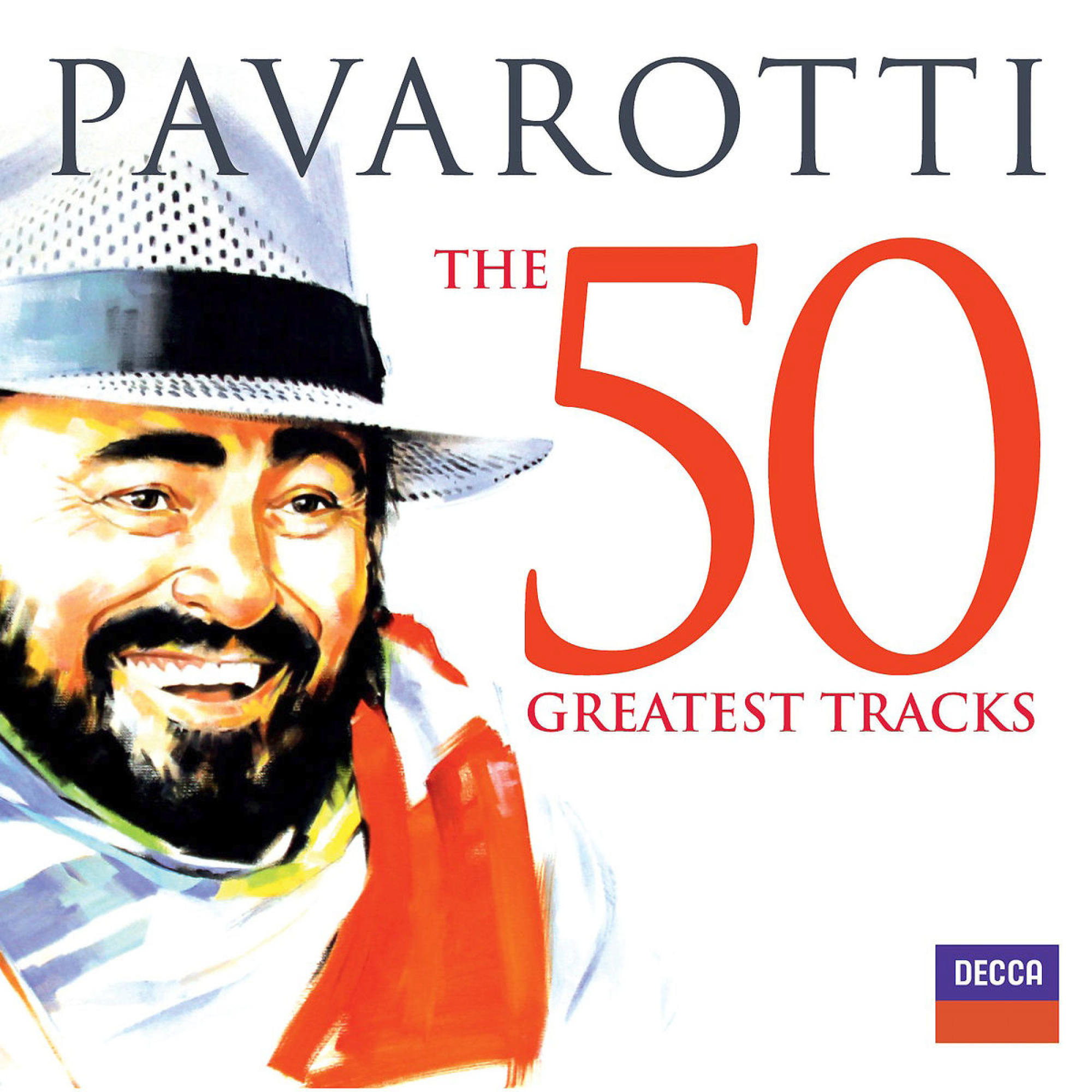 Couverture d'album avec Luciano Pavarotti souriant, titre: Pavarotti, The 50 Greatest Tracks.