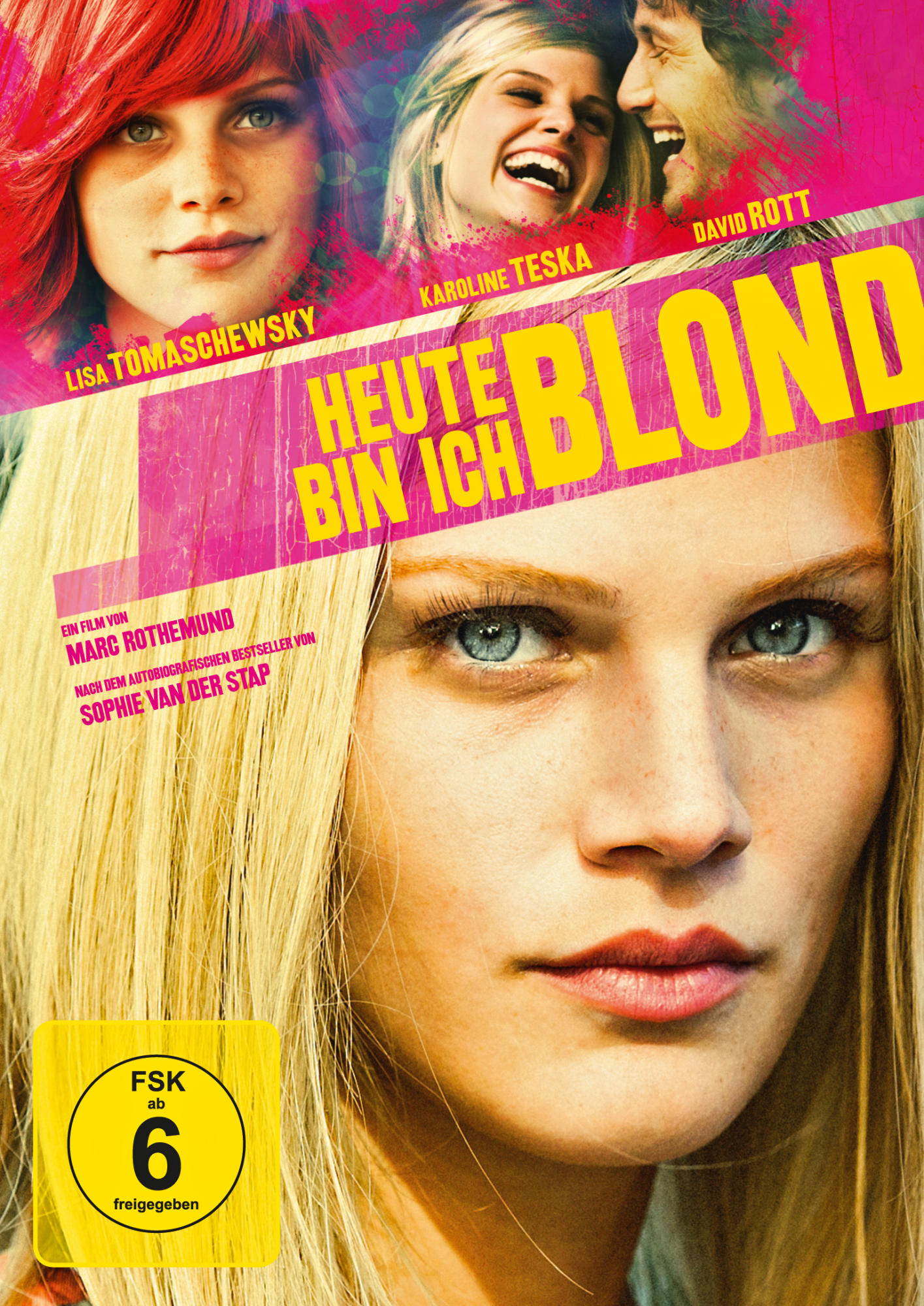 Filmposter Blond. Eine Frau mit langen blonden Haaren im Vordergrund. Rosa und gelber Text.
