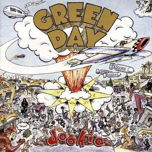 A Green Day 'Dookie' albumának borítója, rajzolt robbanási jelenettel és repülővel.