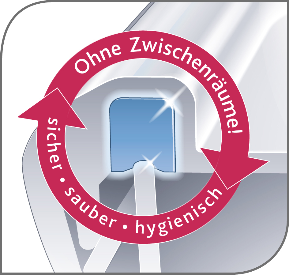 Nahaufnahme eines Produkts mit Pfeilen und Text zu Hygiene und Sauberkeit.