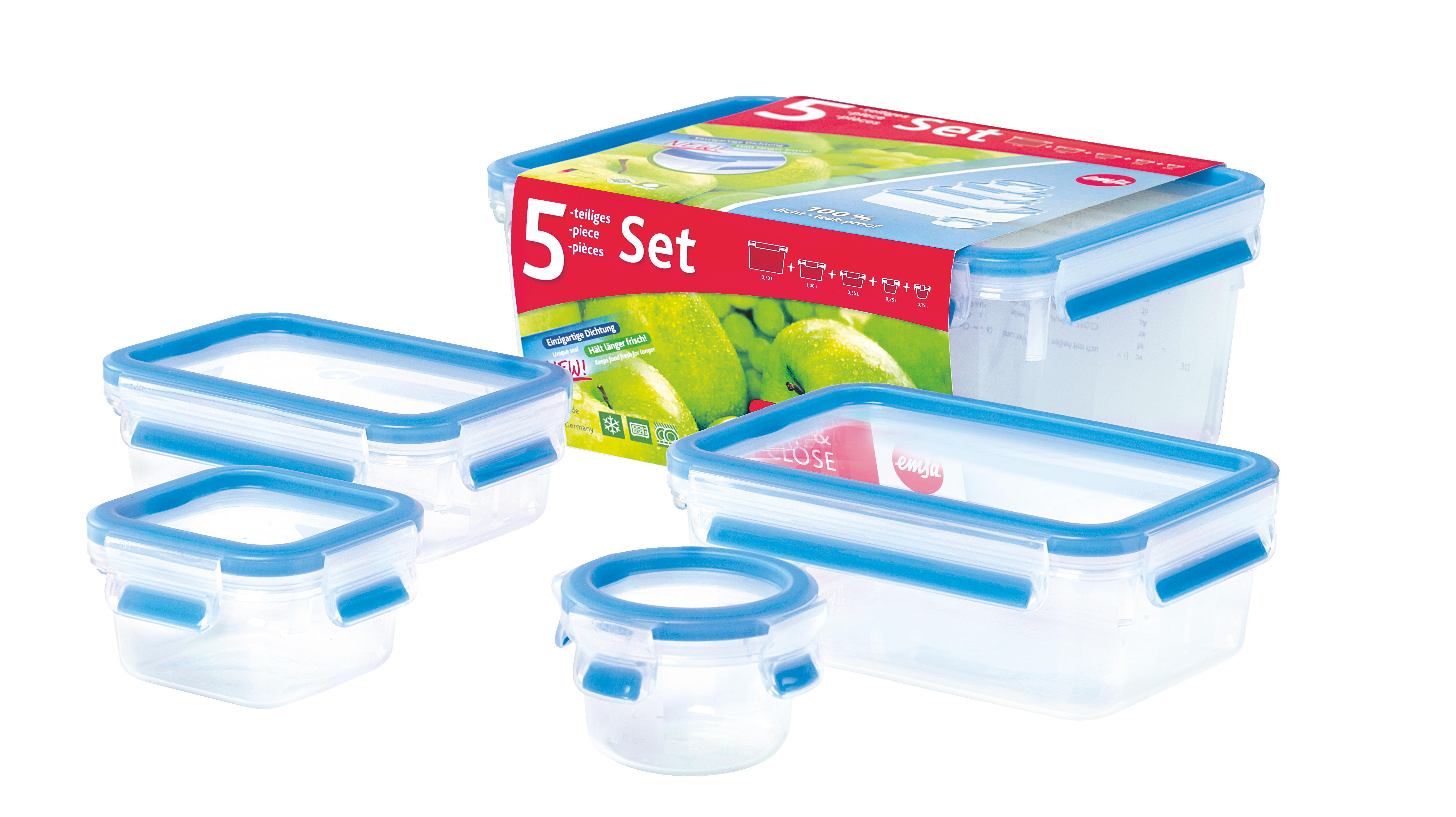 EMSA 512753 Clip&Close 5-tlg. Frischhalte-Set Blau/Transparent