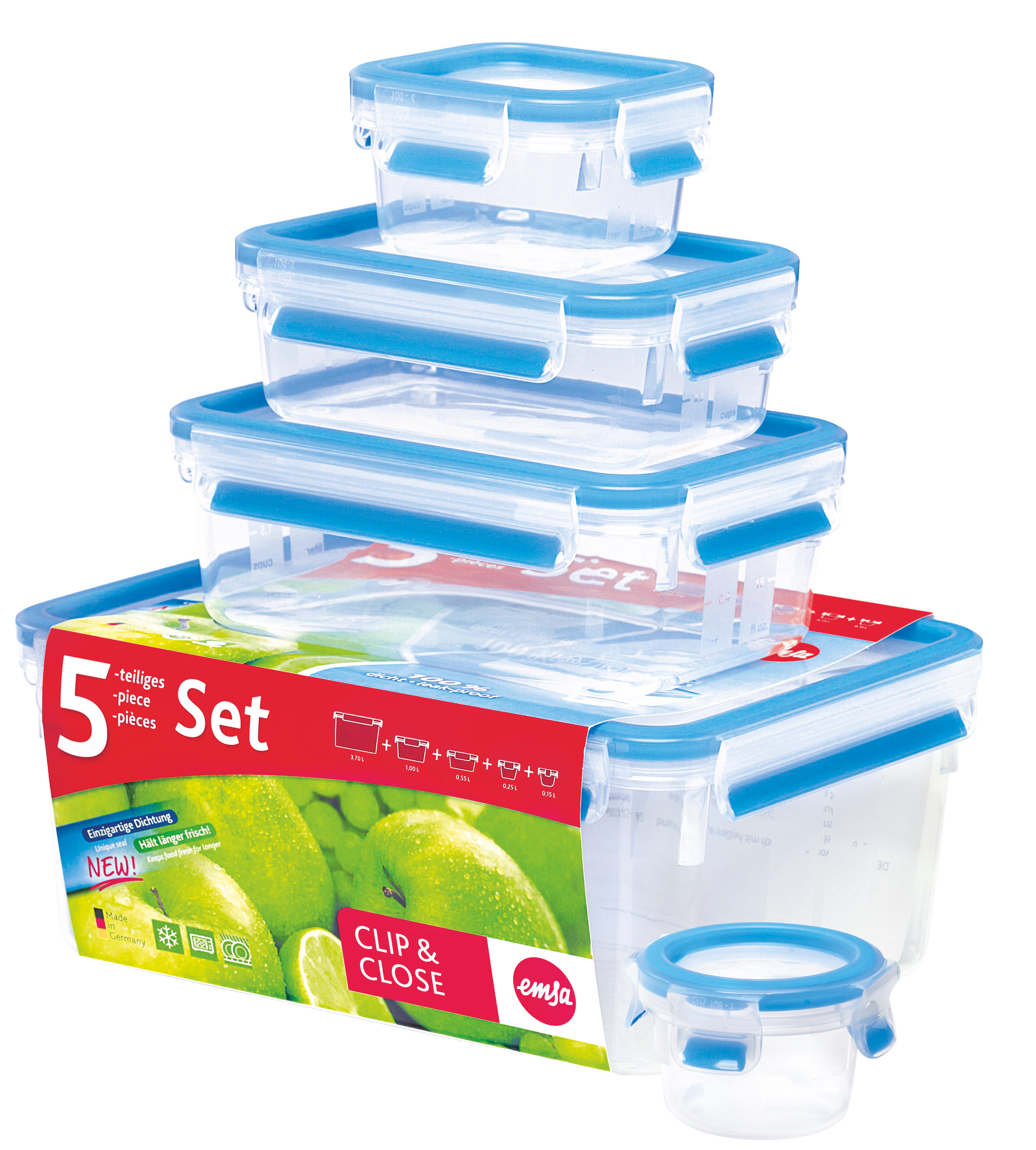 EMSA 512753 Clip&Close 5-tlg. Frischhalte-Set Blau/Transparent