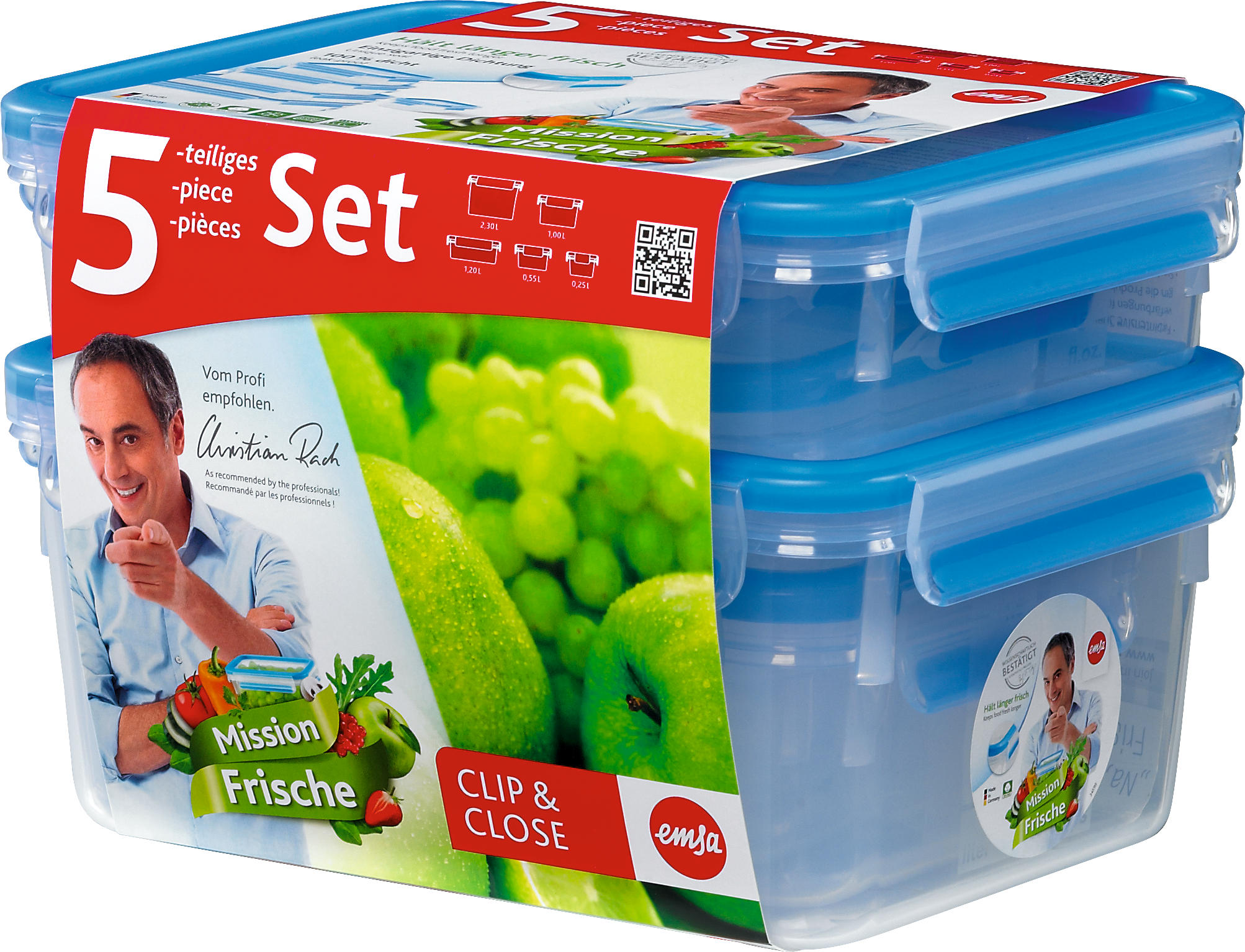 EMSA 512753 Clip&Close 5-tlg. Frischhalte-Set Blau/Transparent