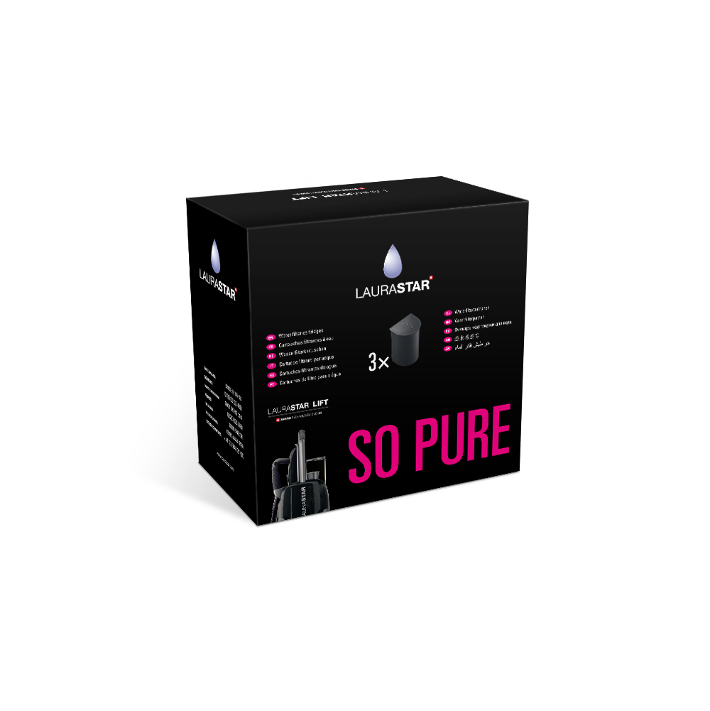 Eine schwarze Box mit Text und Bildern über LauraStar-Produkte, mit drei schwarzen Filterpatronen.