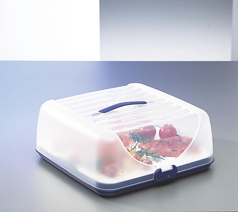 Ein transparenter Lebensmittelbehälter mit Tomaten und Rosmarin darin.