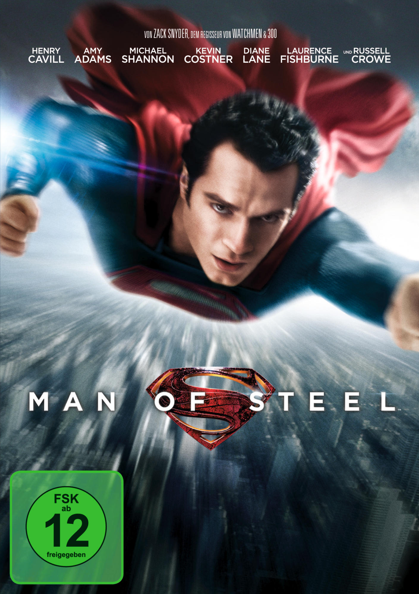 Man of Steel Filmplakat, Superman fliegt über eine Stadt, sein Logo prominent.