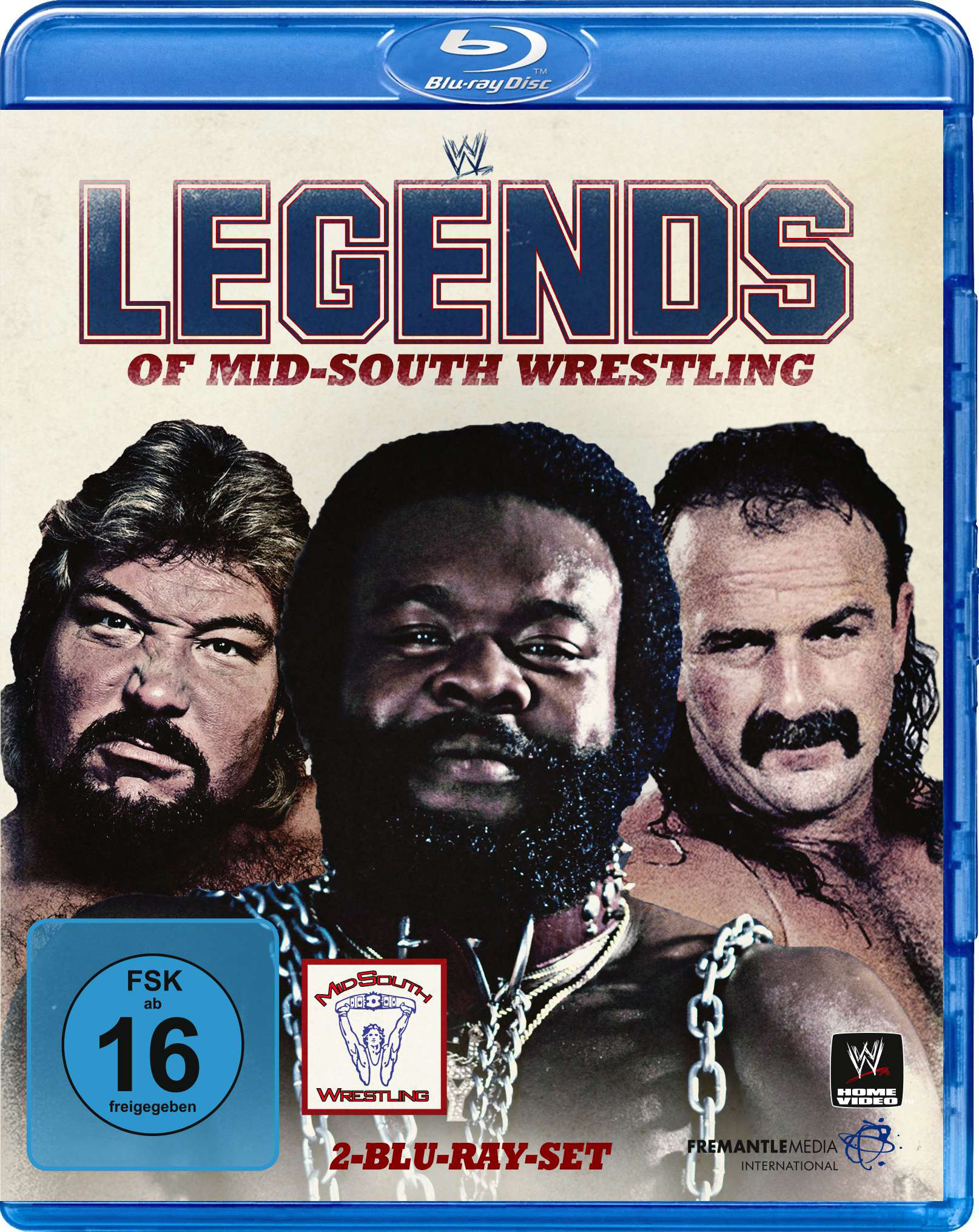 DVD-Cover: Drei Wrestler, Legends of Mid-South Wrestling, mit Text und Logo.