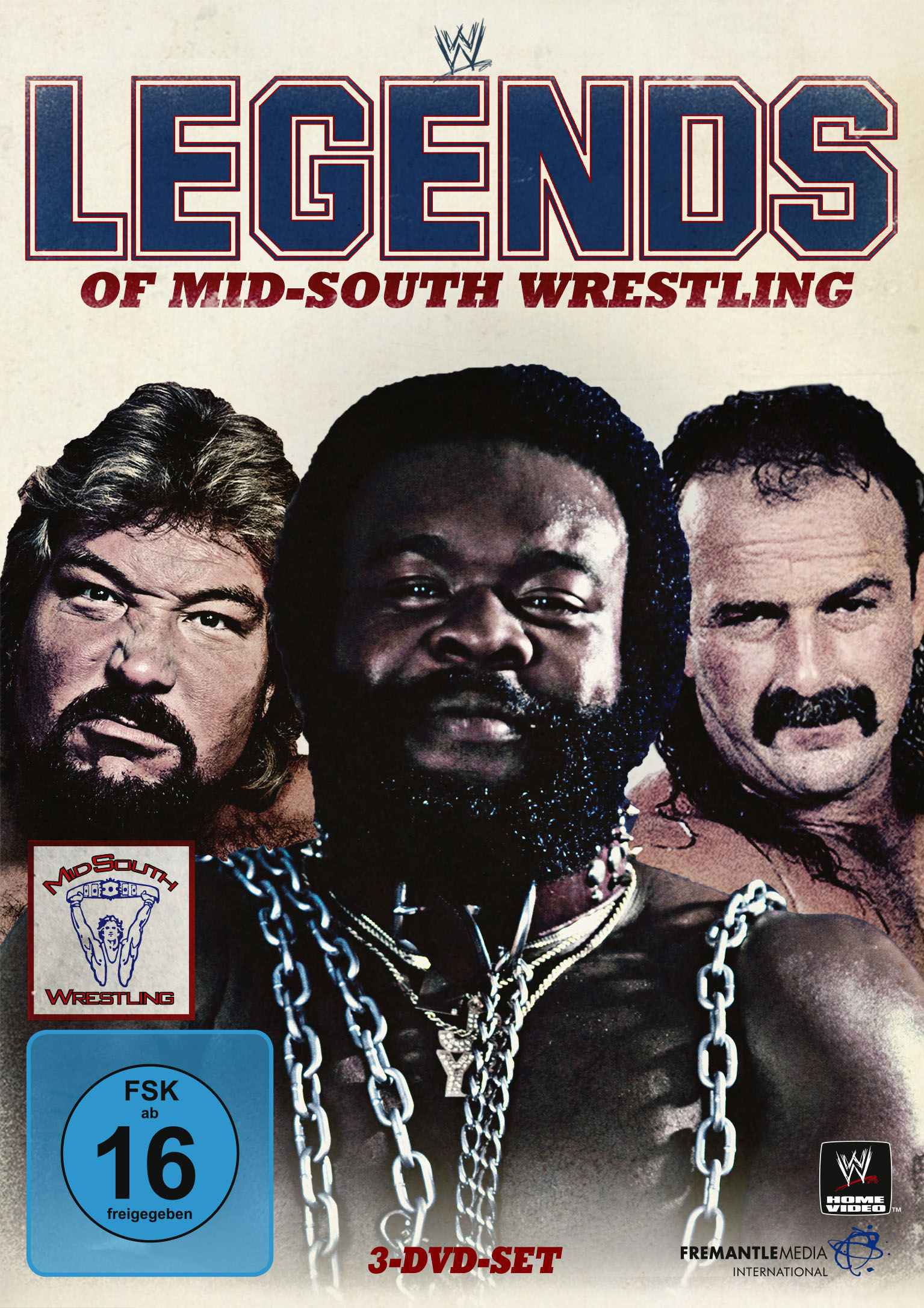 DVD-Cover. Drei Wrestler, Ketten. Text: Legends of Mid-South Wrestling. Bläulicher Hintergrund.